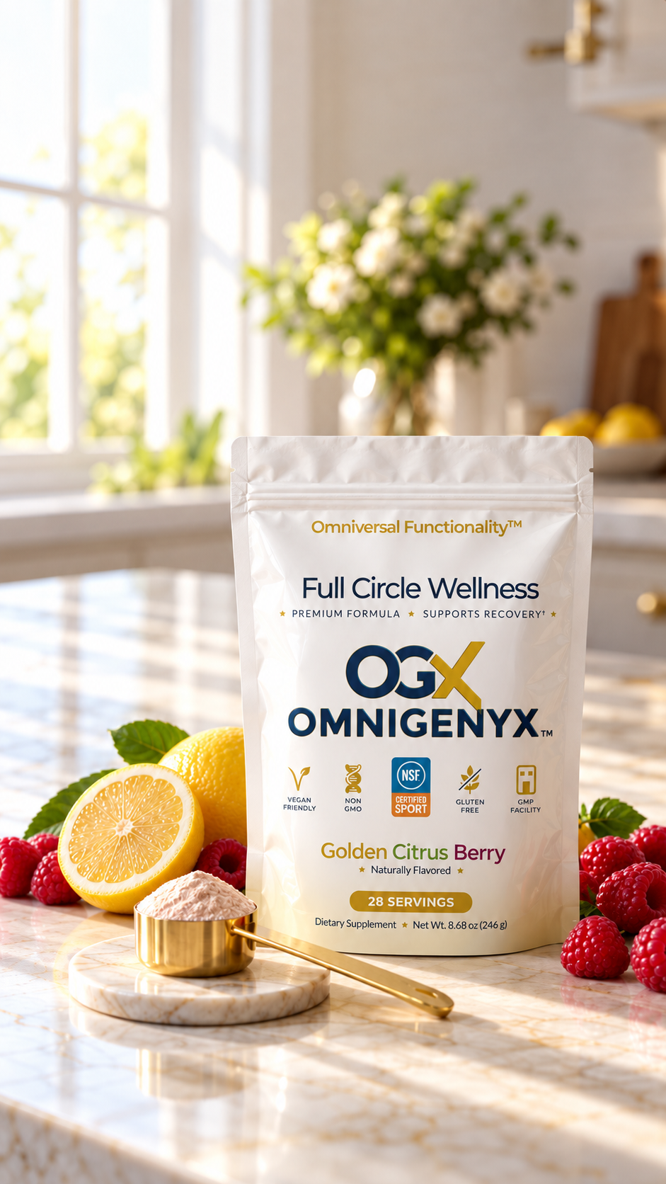 OGX Golden Citrus Berry pouch on a kitchen counter with lemons and raspberries