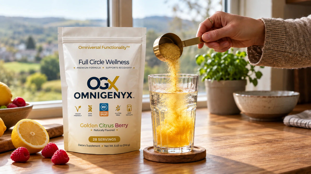 A scoop of OGX powder being poured into a glass of water beside the Golden Citrus Berry pouch