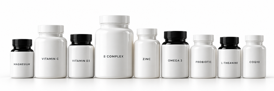 A row of separate supplement bottles